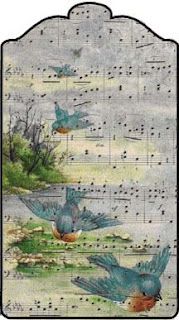 two blue birds are flying in the air over music sheet paper with musical notations