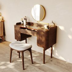 a wooden desk with a mirror and stool next to it