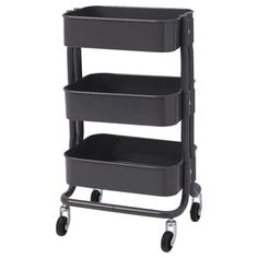 three tiered plastic storage cart with wheels on each side and two black trays on the