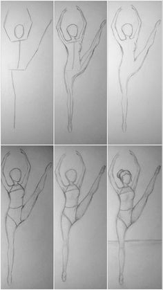 four different drawings of a woman doing various things in the same drawing style as she stands on one leg and holds her arms up