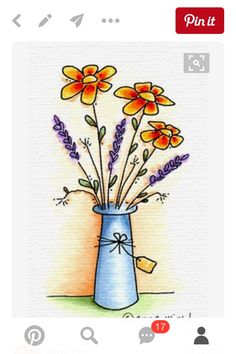 a drawing of flowers in a blue vase