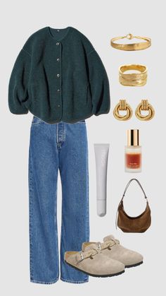 a woman's outfit and accessories are arranged in the shape of a jacket, sweater, jeans, purse, shoes, bracelets