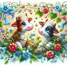 two cows sitting next to each other in front of flowers