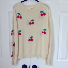 Very Cute. Never Worn, In Perfect Condition. Casual Long Sleeve Sweater With Floral Embroidery, Cute Red Spring Sweater, Casual Winter Sweater With Floral Embroidery, Casual Embroidered Winter Sweater, Casual Sweater With Floral Embroidery, Casual Embroidered Sweater For Winter, Casual Red Summer Sweater, Cute Embroidered Knit Tops, White Sweater With Floral Embroidery