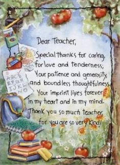 a card with an apple tree and teacher's poem in the center, surrounded by apples