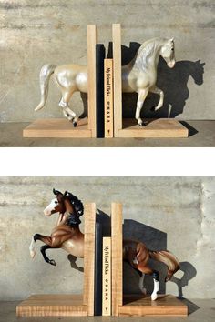 two pictures of horses on wooden shelves with one running and the other jumping in opposite directions