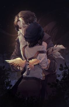 two people hugging in the dark with their arms around each other and wings flying above them