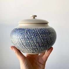 a hand holding a blue and white ceramic jar