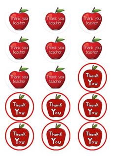 teacher appreciation stickers with thank you teacher written in red on the front and back