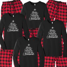 Jesus is the Reason Christmas Pajamas Outfit the whole family. Nothing says Christmas matching Jesus family pajamas...say cheese! This festive flannel set comes with a luxe 100% cotton t-shirt and plaid flannel pajama bottoms.  Put the family to bed in their Christmas pjs and let them rip open those packages Christmas morning. Your options are endless. This cozy pajama set is so comfortable it will be your go to uniform all winter break long. Set includes a long sleeve t-shirt printed with the J Holiday Long Sleeve Cotton Sets, Holiday Cotton Loungewear Sets, Cotton Long Sleeve Sets For Holiday, Christmas Pajamas Outfit, Reason For The Season Christmas, Christmas Family Pajamas, Pajamas Outfit, Flannel Pajama Bottoms, Flannel Pjs