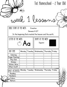 a worksheet with flowers and the words week 1 lessons