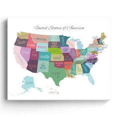 an illustrated map of the united states in different colors and sizes, with names on each state