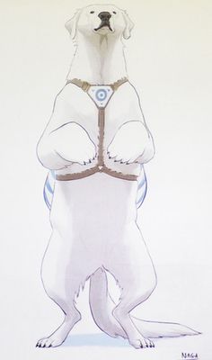 a drawing of a polar bear wearing a bra and harness with his hands on his hips