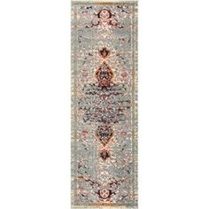 a long rug with an ornate design on the bottom and sides, in grey tones