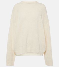 Cotton-blend sweater in white - Toteme | Mytheresa Modern Cotton Sweater For Winter, Modern White Sweater With Ribbed Cuffs, Chic Cotton Sweater With Textured Knit, Chic Cotton Textured Knit Sweater, Modern Crew Neck Knit Sweater, Oversized Fine Knit Beige Sweater, Chic Textured Knit Cotton Sweater, Modern Spring Sweater With Ribbed Cuffs, Modern Sweater With Ribbed Cuffs