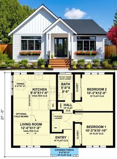 the floor plan for a small house with two bedroom and an attached porch, is shown