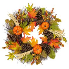 a wreath with autumn leaves, pine cones and berries is shown against a white background