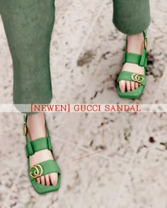 the legs and feet of a woman wearing green sandals