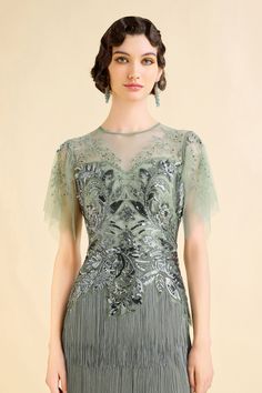 Shop 1920s Dresses - Floral Fringe Flapper Dress | BABEYOND Elegant Light Green Dress With Short Sleeves, Elegant Light Green Short Sleeve Dress, Green Embellished Cocktail Dress, Green Sequined Short Sleeve Dress, Elegant Green Embellished Dress, Vintage Embellished Green Dresses, Vintage Green Embellished Dress, Elegant Light Green Dress For Garden Party, Themed Dresses