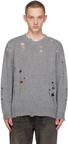 Knit cashmere sweater. Distressing throughout. · Rib knit crewneck, hem, and cuffs · Dropped shoulders Supplier color: Heather grey Distressed Sweater, Oversize Pullover, Old Sweater, Distressed Sweaters, Oversized Pullover, Knit Crewneck, Cashmere Sweater, Cashmere Sweaters, Matrix