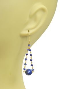 Lapis lazuli.  14kt gold-filled wire wrapping.  14kt vermeil, gold over sterling silver earrings.  2 1/4 inch total drop length. Elegant Lapis Lazuli Wire Wrapped Earrings, Elegant Wire Wrapped Lapis Lazuli Earrings, Gold Teardrop Lapis Lazuli Earrings, Fashion Institute, 14kt Gold, Fashion Labels, Designer Earrings, Lapis Lazuli, Sterling Silver Earrings