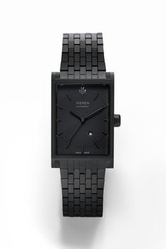 Front view of VIEREN Matte Black rectangular watch Black Rectangular Watch Accessory With Metal Dial, Black Rectangular Automatic Watch, Black Automatic Rectangular Watch, Rectangular Business Watches With Date Indicator, Business Rectangular Watch With Date Indicator, Black Quartz Watches With Rectangular Dial, Rectangular Black Watch With Subdials, Classic Black Square Watch, Classic Black Square Watches