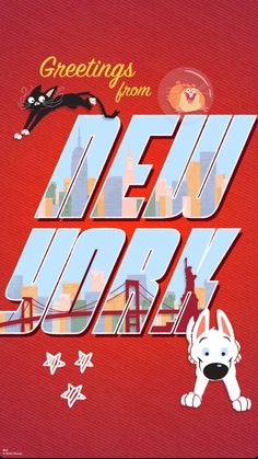 greetings from new york with the city's famous landmarks and dogs on red background