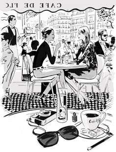 a black and white drawing of people sitting at a table with coffee in front of them