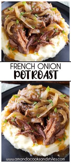 french onion pot roast on top of mashed potatoes