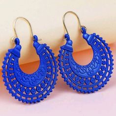 Indigo Blue Tribal Design Earrings Eardrop Length: 2 In (5 Cm) Width: 1.4 In (3.6 Cm) Blue Metal Earrings For Summer, Blue Hoop Earrings With Ear Wire For Beach, Blue Bohemian Metal Hoop Earrings, Summer Blue Metal Hoop Earrings, Blue Hoop Earrings For Summer, Blue Bohemian Dangle Hoop Earrings, Bohemian Blue Dangle Hoop Earrings, Blue Bohemian Earrings For Festival, Blue Hoop Earrings For Summer Festivals