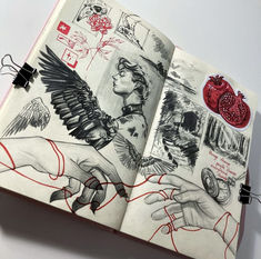 an open book with drawings on it