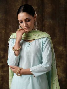 Ambika - Neel Sharara set - Trendroots Blue Hand Embroidery, Cotton Sharara, Kurta Sharara Set, Kurta Sharara, A Line Kurta, Shades Of Turquoise, Sharara Set, Fashion App, Punjabi Suits