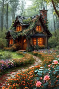 a house in the woods surrounded by flowers