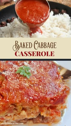 baked cabbage casserole with sauce and rice