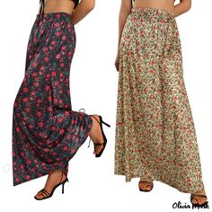 Olivia Mark - Casual and Chic Printed A-line Maxi Skirt for Elegant Self-expression Flowy A-line Summer Bottoms, Casual A-line Maxi Skirt With Elastic Waistband, Summer A-line Bottoms With Elastic Waistband, Bohemian A-line Summer Bottoms, Spring Bohemian A-line Bottoms, Casual Stretch Floral Print Maxi Skirt, Summer Flowy A-line Bottoms, Casual Flowy A-line Skirt, Flowy A-line Casual Skirt