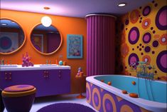 a bathroom with an orange and purple theme