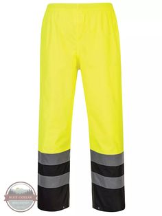 Portwest LLC S587 Hi-Vis 2 Tone Rain Pants The S587 by PortWest are ANSI Class E high visibility yellow, black bottom rain pants. Made with 300D Oxford weave PU coated 100% polyester, these pants feature an elasticated waist, 2 side pass through pockets and waterproof sealed seams. Snap adjustable hems will help secure protection from the elements while a side zipper leg opening provides easy access. This hi vis workwear meets ANSI/ISEA 107-2015 Type R, Class E Standards with 2.5" silver reflect Hi Vis Workwear Pants, High Visibility Pants, Hi Vis Workwear, Black Bottom, Rain Pants, Reflective Tape, Black Bottoms, Yellow Black, Easy Access