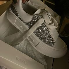 Brand New Never Worn Luxury Round Toe Platform Sneakers, Elegant Sneakers With Perforated Toe Box, Silver Leather Party Sneakers, Leather Party Sneakers With Round Toe, Leather Low-top Sneakers For Evening, Evening Leather Low-top Sneakers, Designer Leather Party Sneakers, Elegant Leather Sneakers For Party, Elegant Lace-up Sneakers For Party