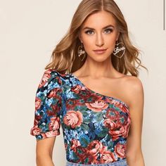 Floral Top! Never Worn Off One Shoulder. One Sided Puffy Sleeve.Excellent Condition. Trendy Floral Print Top For Party, Trendy Floral Print Party Top, Tops Shein, Shein Tops, One Sided, Floral Top, Floral Tops, One Shoulder, Color Blue