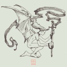 a drawing of a demon holding a sceptacle and an umbrella with two wings