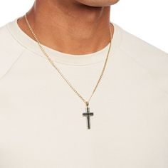 Simple and chic, this 10K gold black enamel cross pendant for men displays your faith and style. Created in warm 10K gold This refined cross showcases a sleek black enamel center. This pendant suspends along a 22.0-inch curb chain that secures with a lobster claw clasp. Mens Cross Necklace Gold, Classic Black Cross Jewelry, Black Polished Cross Jewelry, Cross Pendant For Men, Birthday Aesthetic, Enamel Cross, Mens Cross Necklace, Pendant For Men, Mens Crosses