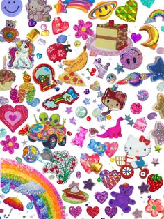 an image of many different stickers on a white background with rainbows and hearts