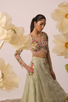 A burst of freshness - that's what this lupin pistachio green lehenga set is all about! Paired with multicolor resham embroidered full sleeves blouse in a monochrome shade, it is the ultimate bridesmaids's dream. The skirt, crafted in organza, features intricate embroidery on circumference part of the lehenga, and is perfect for twirl-ready moments. Also featuring a organza dupatta with the same to go all out with it Wedding Chaniya Choli, Cape Lehenga, Function Dresses, Lehenga Dupatta, Kurta Lehenga, Sleeved Wedding, Full Sleeve Blouse, Lehenga Pattern, Green Lehenga