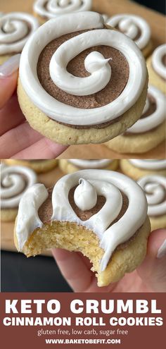 two pictures of cookies with white icing and cinnamon swirl on top, one has a bite taken out of it