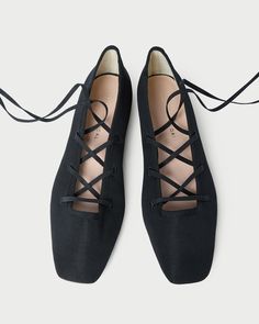 Color: Black Black Lace Up Ballet Flats, Elegant Lace-up Leather Ballet Flats, Elegant Black Synthetic Ballet Flats, Black Leather Ballet Flats With Textured Sole, Soft Ballet Flats, Lace Up Ballet Flats, Black Slip-on Ballet Flats With Textured Sole, Black Ballet, Statement Shoe