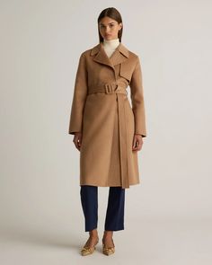 Double-Faced Merino Wool Trench Coat Tailored Outerwear With Belt Detail For Work, Wool Coat With Belted Cuffs For Spring, Belted Long Wool Pea Coat, Belted Wool Pea Coat, Belted Beige Wool Coat, Wool Belted Long Pea Coat, Tailored Long Sleeve Outerwear With Belt Detail, Tailored Outerwear With Belt Detail, Belted Wool Coat With Notch Lapel