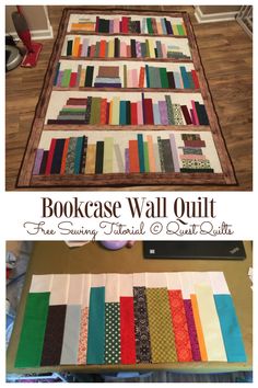 the bookcase wall quilt is made from several different fabrics