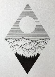 a black and white drawing of mountains with a circle in the middle on top of it