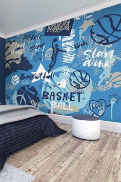 a basketball themed wallpaper in a bedroom