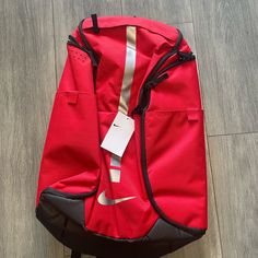 Nike Hoops Elite Pro Basketball/Shoe Backpack Red Black Bred Silver Ba5554-657 Red Sports Backpack, Red Sporty Outdoor Bag, Red Standard Backpack For Sports, Sporty Red Outdoor Bag, Nike Red Travel Bag, Red Nike Travel Bag, Sporty Red Backpack For Everyday Use, Sporty Red Backpack, Red Nike School Bag